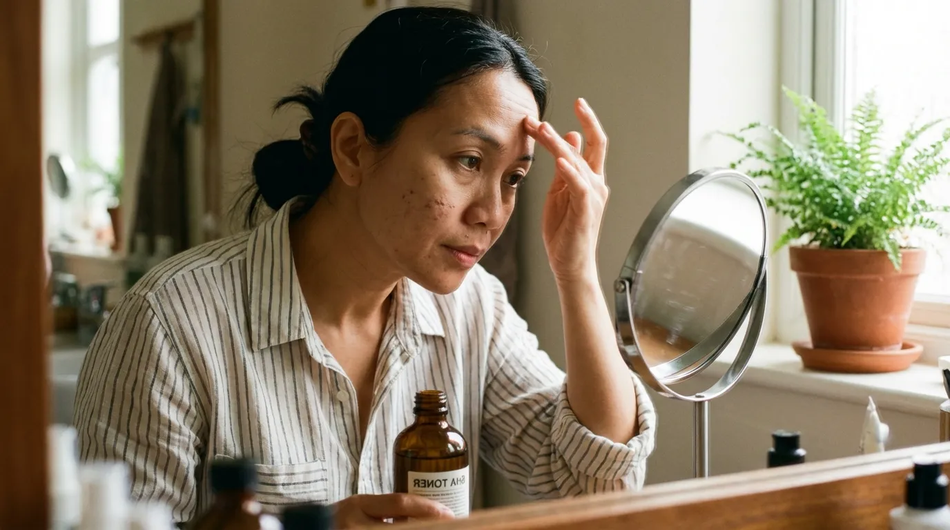 An Indonesian woman removing makeup in the evening, holding a cotton pad with dirt and sunscreen, performing the double cleansing step for acne-prone skin.
