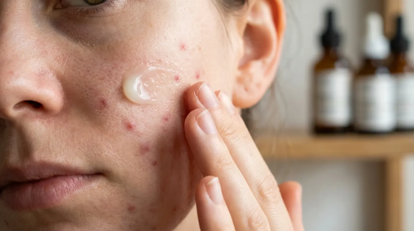 Close-up of applying an acne treatment serum containing Niacinamide or Tea Tree to inflamed pimples on the cheek to reduce swelling and irritation.