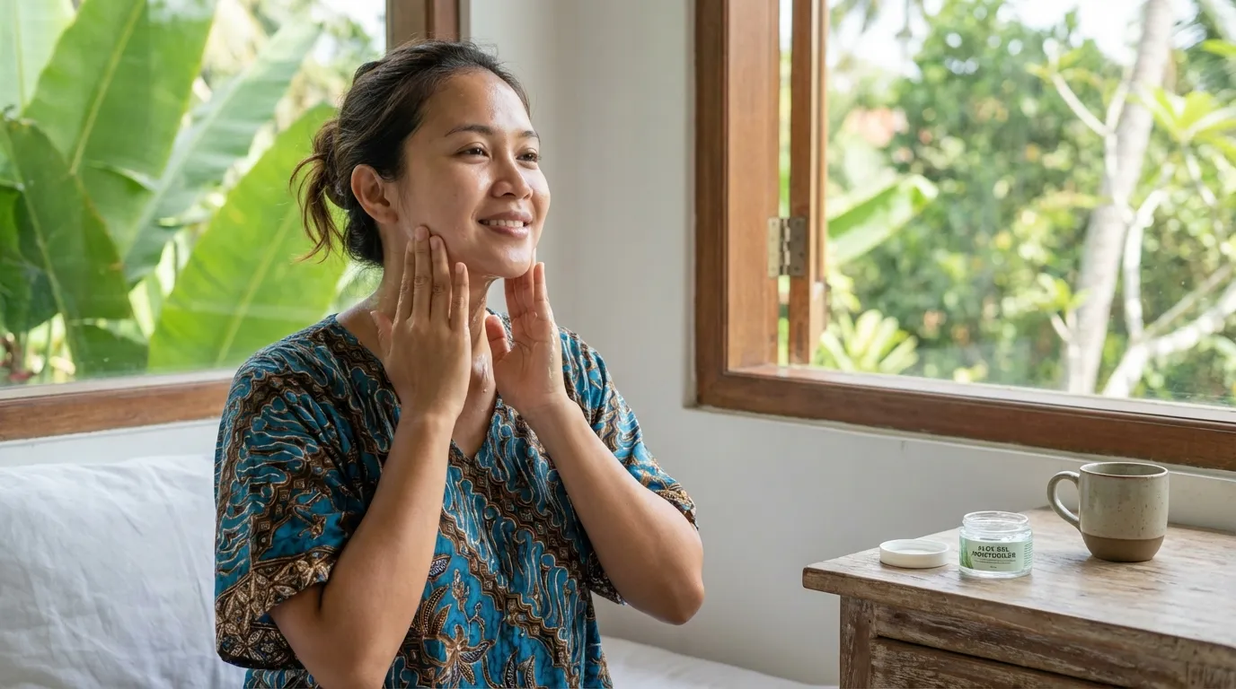 A woman applying a lightweight gel moisturizer to her face and neck, hydrating oily, acne-prone skin without clogging pores in a hot and humid climate.