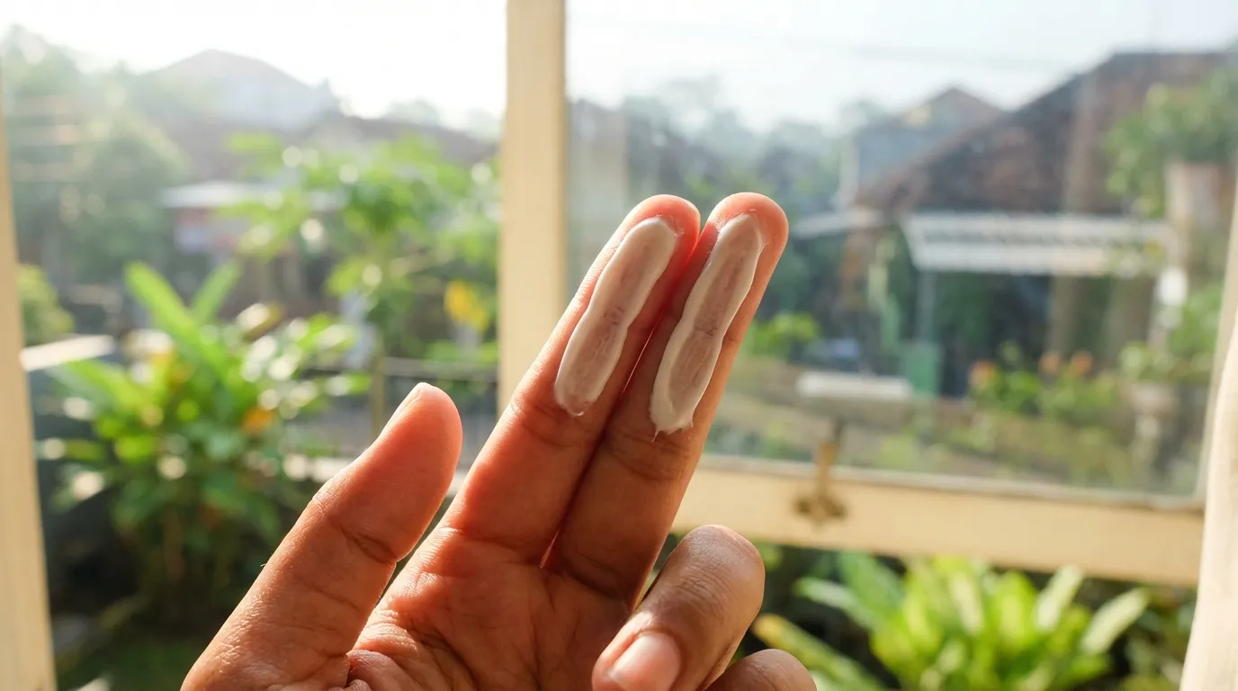 Close-up of the two-finger rule for applying sunscreen to ensure adequate UV protection for the face in a tropical environment.
