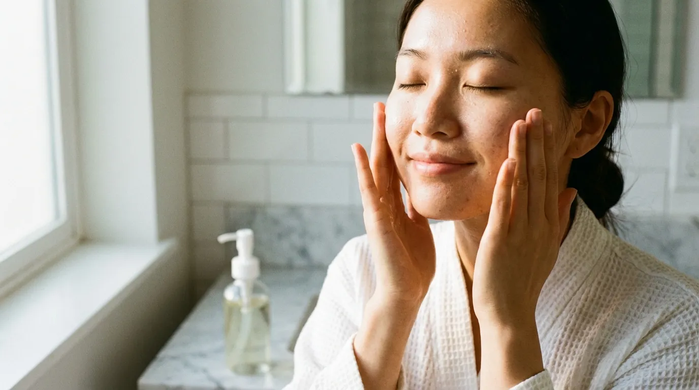 How to Build a Korean Acne Skincare Routine: 7 Steps (2026) 1 Young woman applying oil cleanser on dry face as first step of Korean acne skincare routine
