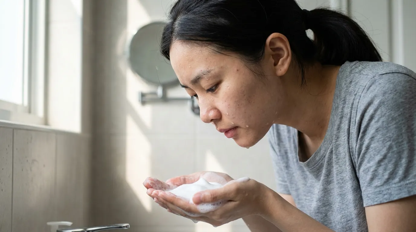 How to Build a Korean Acne Skincare Routine: 7 Steps (2026) 2 Woman lathering low-pH foam cleanser in hands for Korean acne-prone skincare routine