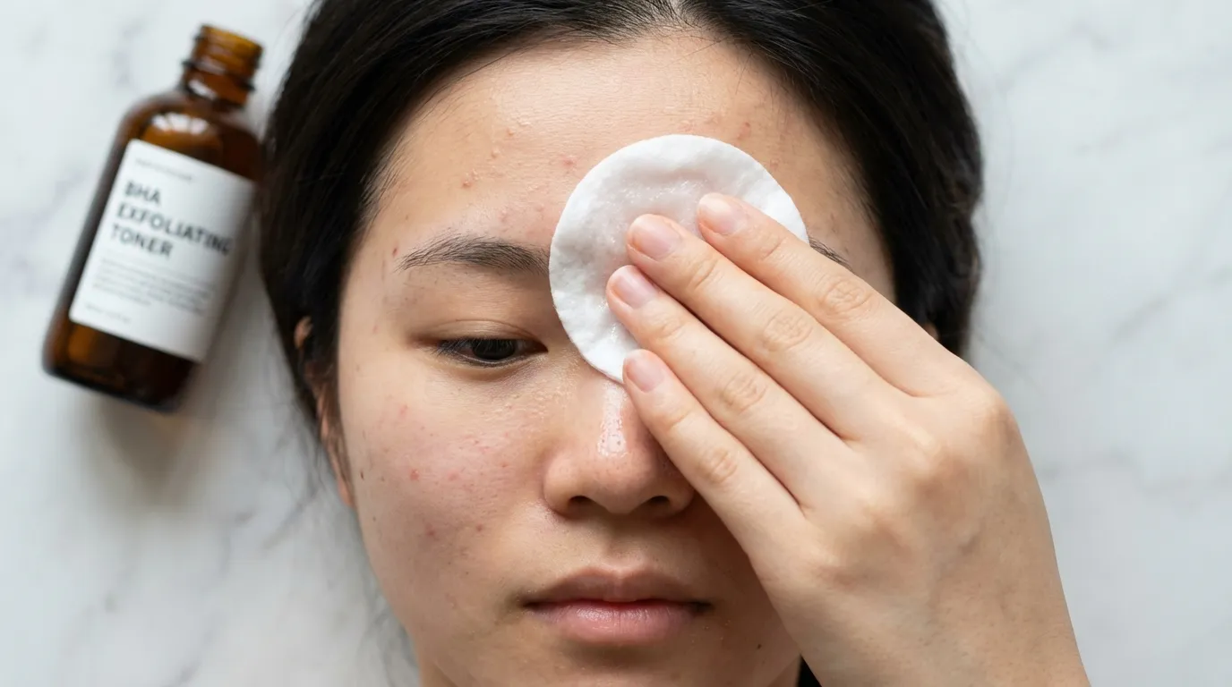 How to Build a Korean Acne Skincare Routine: 7 Steps (2026) 3 Cotton pad with BHA salicylic acid toner being swiped on T-zone for Korean acne routine exfoliation