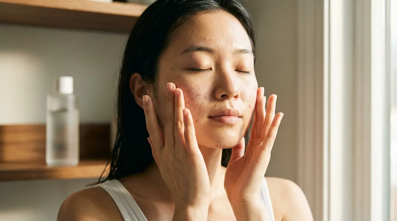 How to Build a Korean Acne Skincare Routine: 7 Steps (2026) 4 Woman patting hydrating toner into skin with palms as part of Korean acne skincare routine pH balancing step
