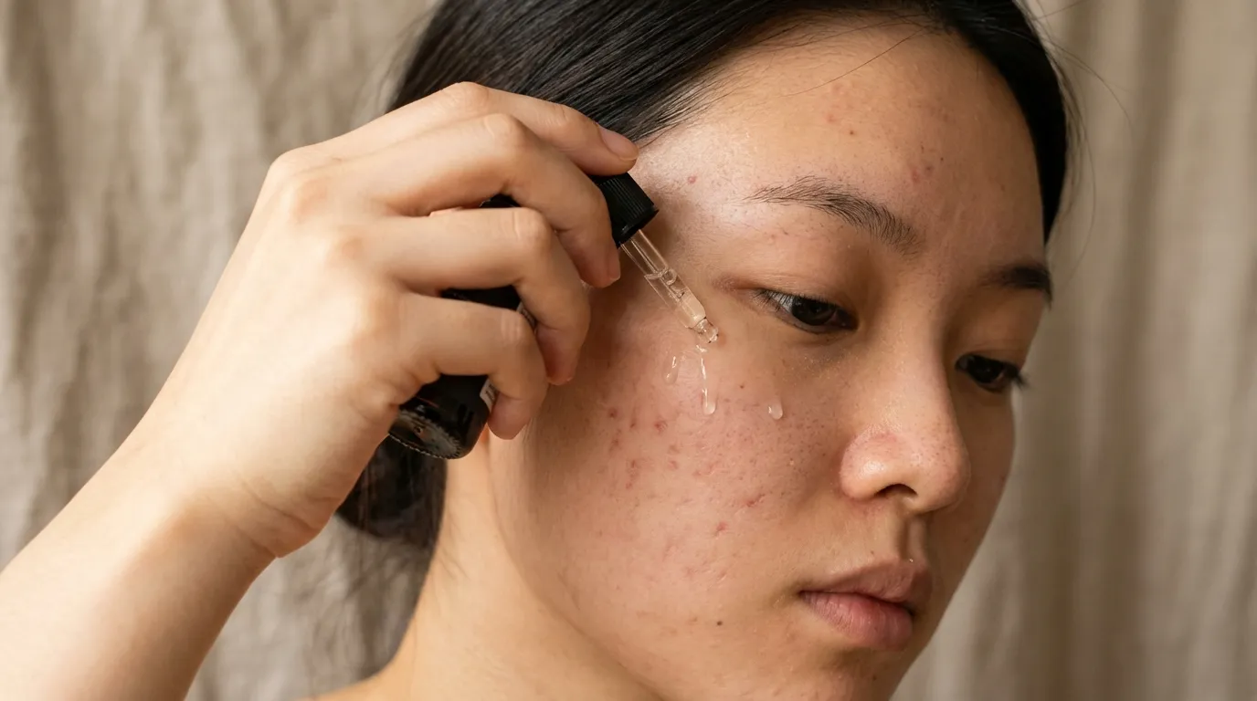 How to Build a Korean Acne Skincare Routine: 7 Steps (2026) 5 Applying acne treatment serum with dropper bottle on face in Korean skincare routine step five
