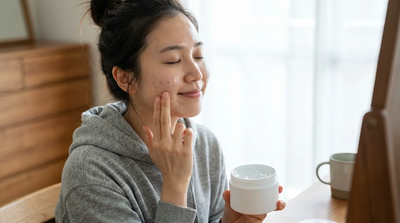 How to Build a Korean Acne Skincare Routine: 7 Steps (2026) 6 Applying non-comedogenic gel moisturizer on face and neck in Korean acne skincare routine moisture step