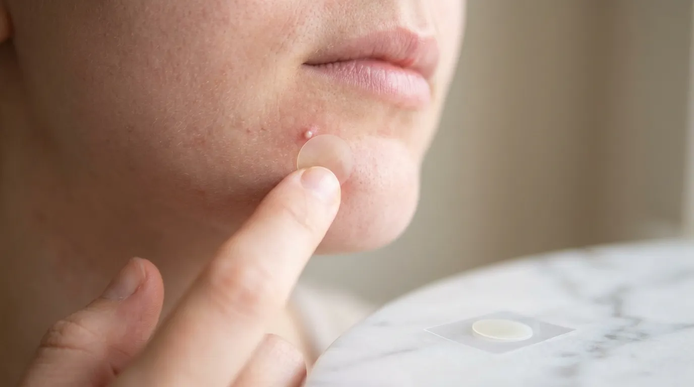 How to Build a Korean Acne Skincare Routine: 7 Steps (2026) 7 Applying hydrocolloid pimple patch on whitehead as spot treatment step in Korean acne skincare routine