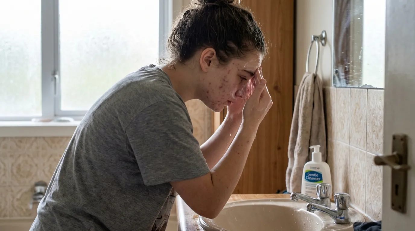 Teenage Acne Skincare Routine: Simple 4-Step Guide 2026 1 Teen gently cleansing acne-prone skin at bathroom sink using circular motions in natural light
