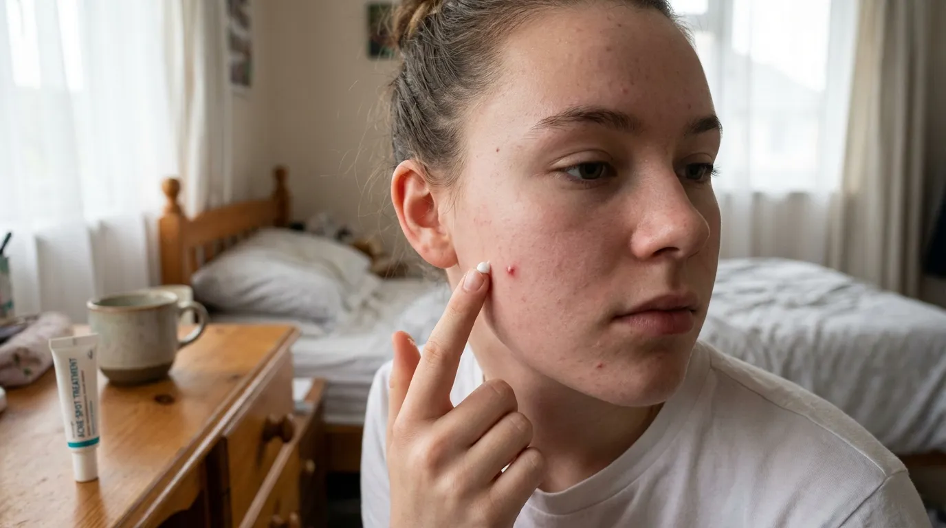Teenage Acne Skincare Routine: Simple 4-Step Guide 2026 2 Teen applying small amount of acne spot treatment onto pimple in natural daylight