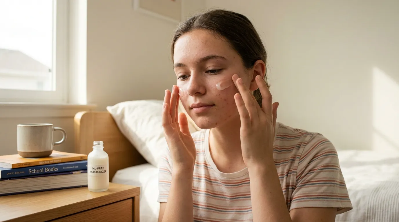 Teenage Acne Skincare Routine: Simple 4-Step Guide 2026 3 Teen applying oil-free gel moisturizer to acne-prone skin in natural bedroom light