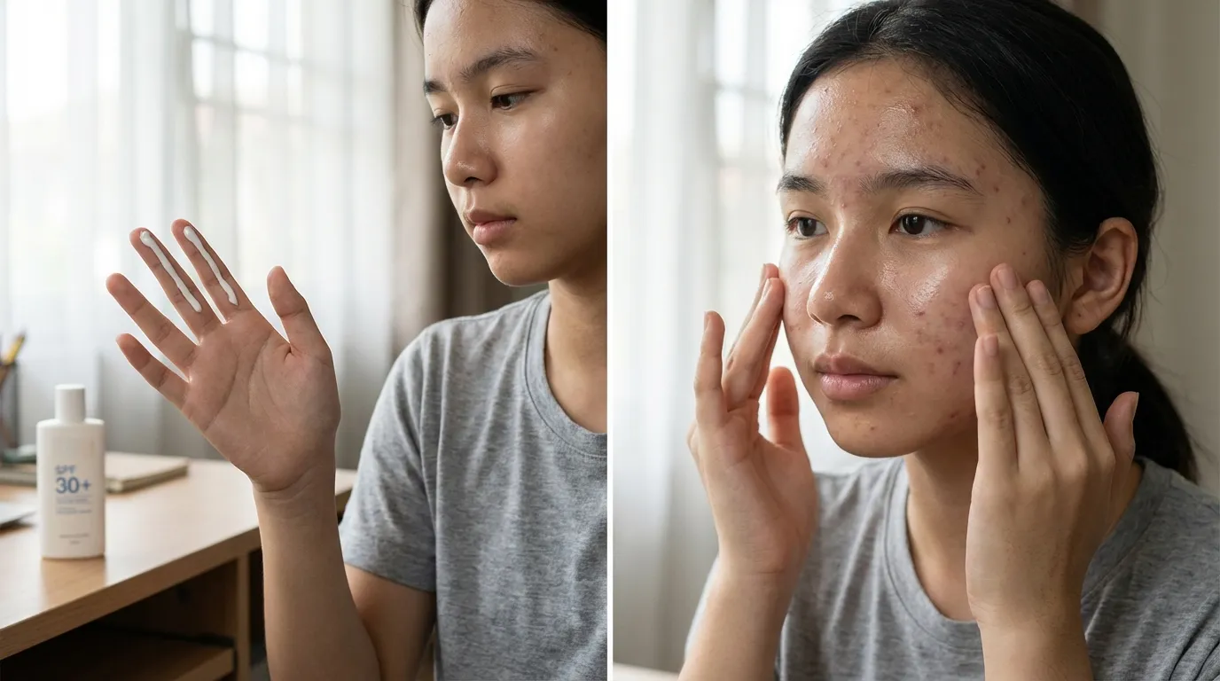 Teenage Acne Skincare Routine: Simple 4-Step Guide 2026 4 Teen applying sunscreen using two-finger rule in natural morning light