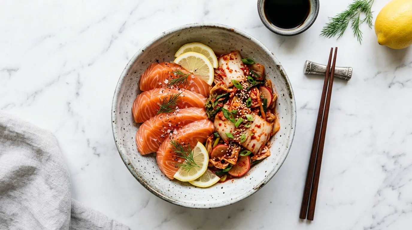 Các loại thực phẩm bổ sung Omega-3 như cá hồi tươi và thực phẩm lên men