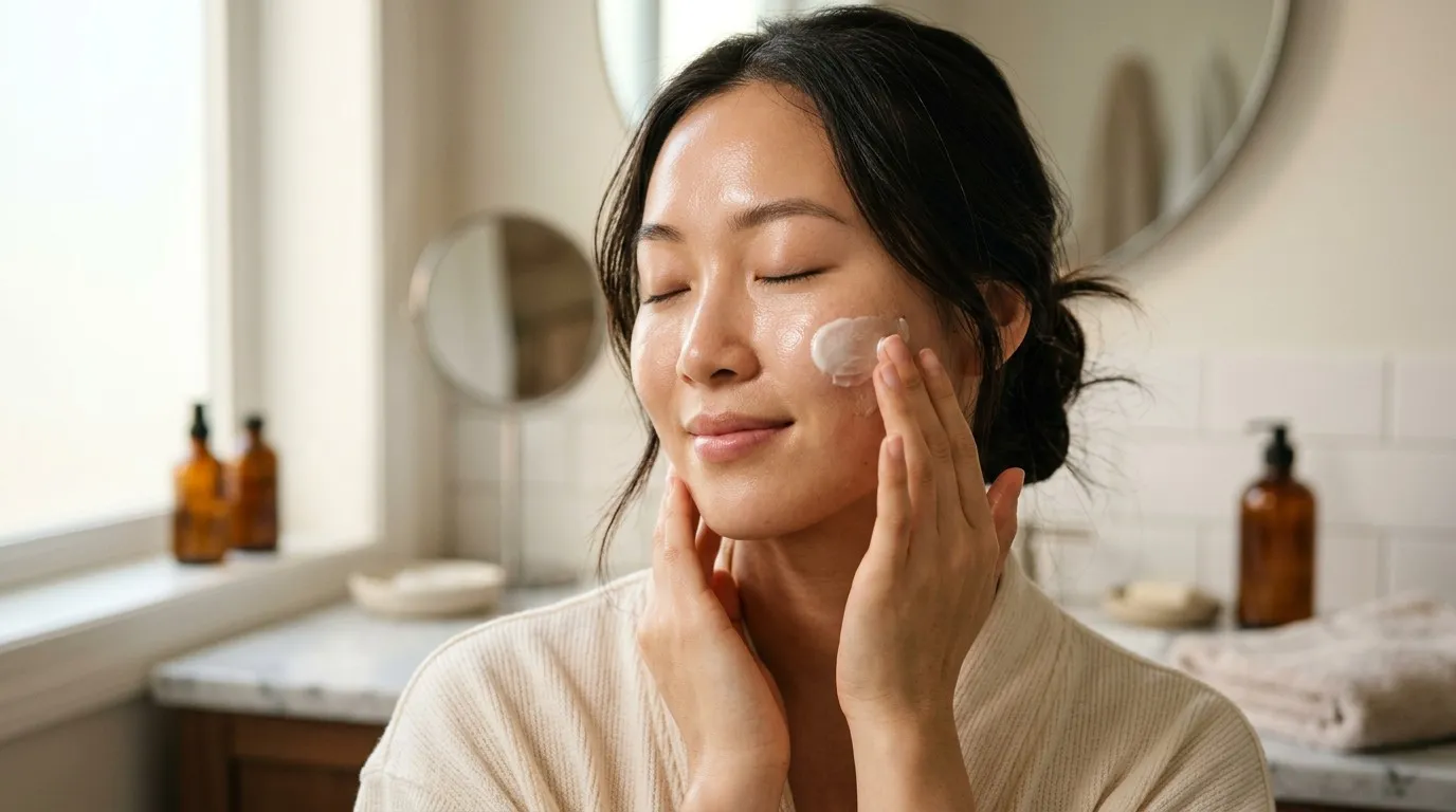 Phụ nữ châu Á đang khóa ẩm bằng kem dưỡng chứa ceramide để duy trì độ căng mịn cho da.