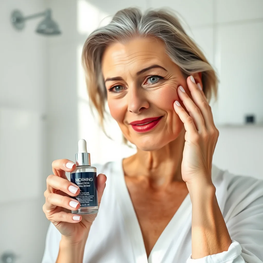 Phụ nữ trên 50 tuổi thực hiện routine skincare 5 bước với serum chống oxy hóa, kem dưỡng và quy trình morning protection even