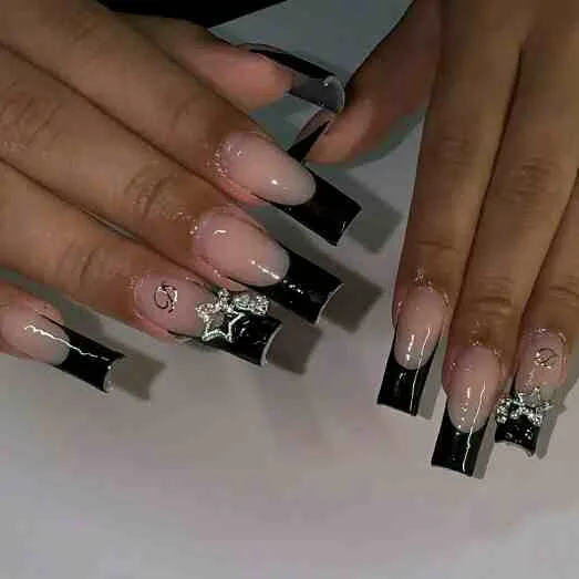 black french tip nails with designs 029 75758dc463