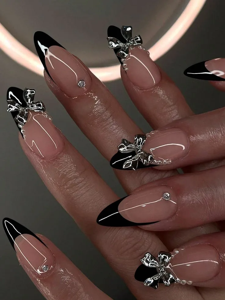 40+ Black French Tip Nails with Rhinestones That Steal the Spotlight 1