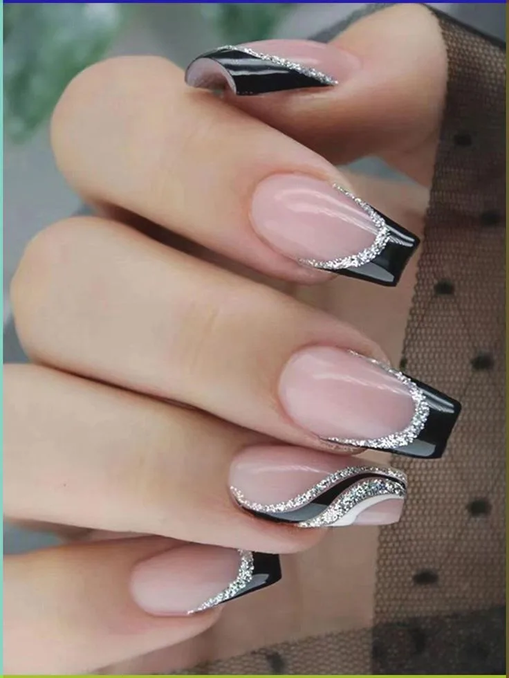 black french tip nails with rhinestones 002 990210c3ee