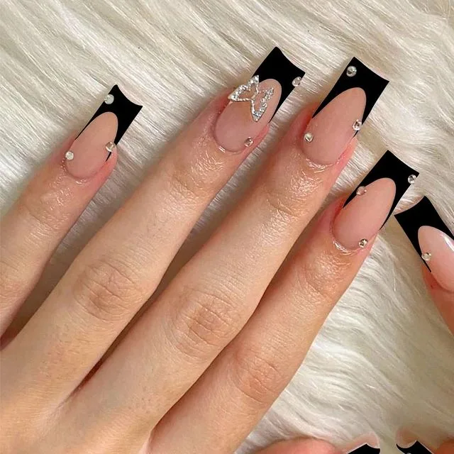 black french tip nails with rhinestones 003 12f971f803