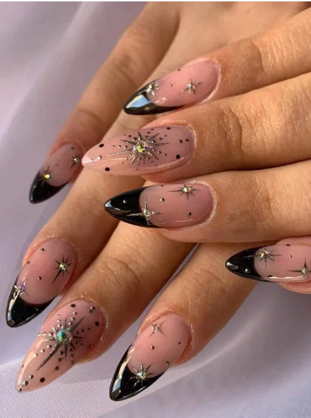 black french tip nails with rhinestones 005 59c06411a8