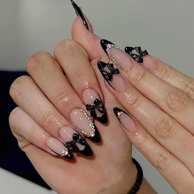 black french tip nails with rhinestones 006 f68597151a
