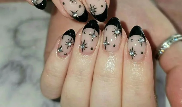 black french tip nails with rhinestones 007 b05ed72245