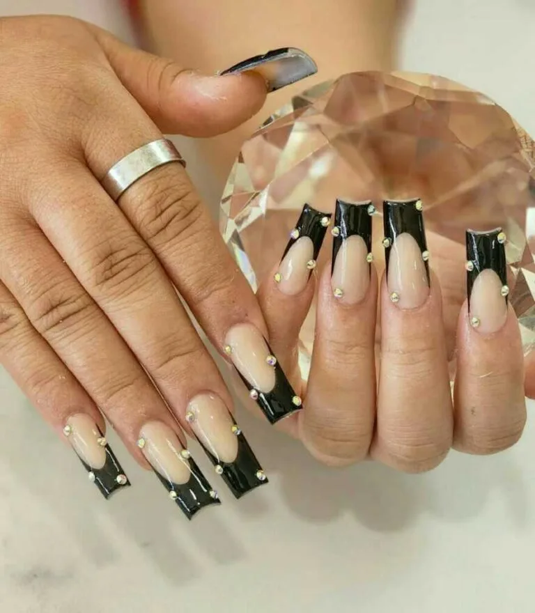 black french tip nails with rhinestones 009 77a8447982