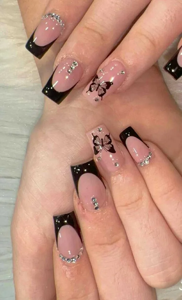 black french tip nails with rhinestones 012 89acc57678