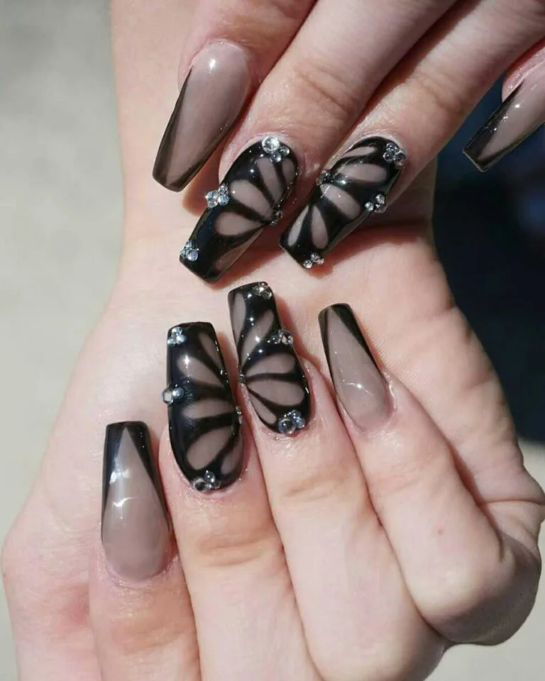 black french tip nails with rhinestones 013 756bb461d6