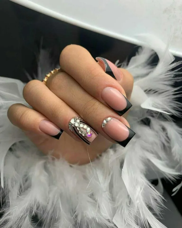 black french tip nails with rhinestones 014 a43c157573