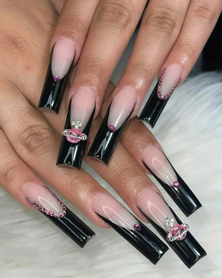 black french tip nails with rhinestones 015 f8c15172e2