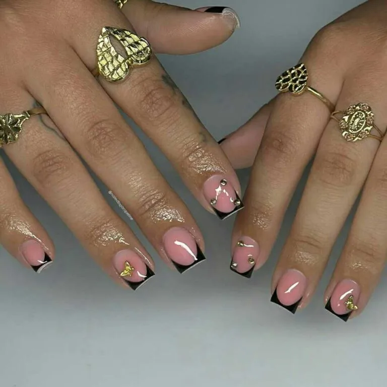 black french tip nails with rhinestones 018 860bbbdd5c