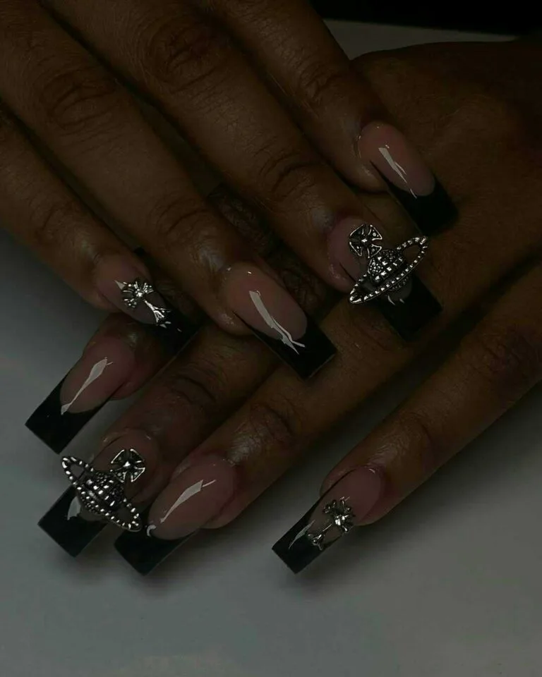 black french tip nails with rhinestones 020 0d0c347dce