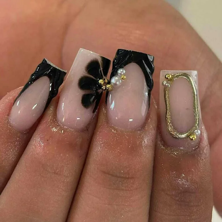 black french tip nails with rhinestones 022 af3afd2af2