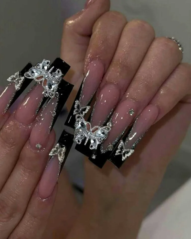 black french tip nails with rhinestones 027 adea17a8c2