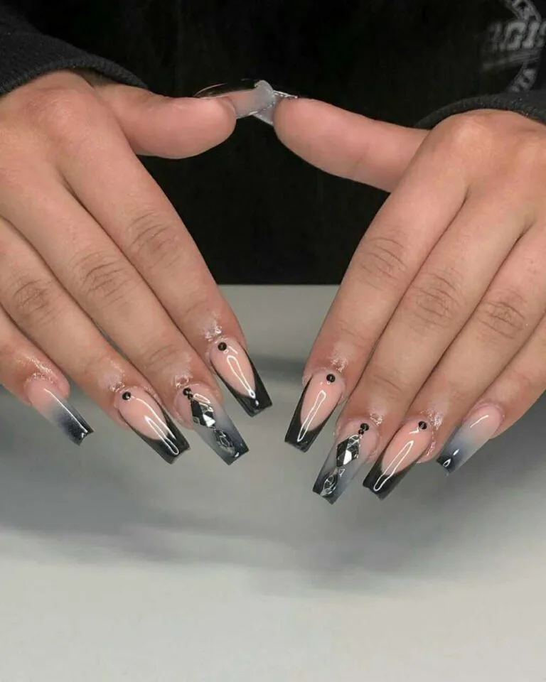 black french tip nails with rhinestones 028 1a60bea315