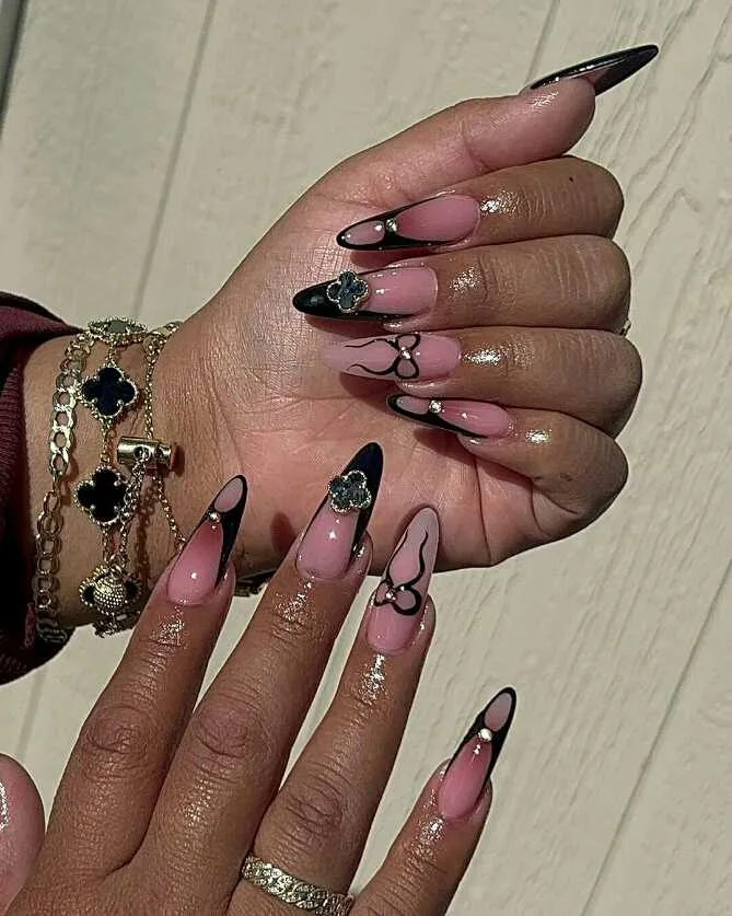 black french tip nails with rhinestones 029 15b3679a91