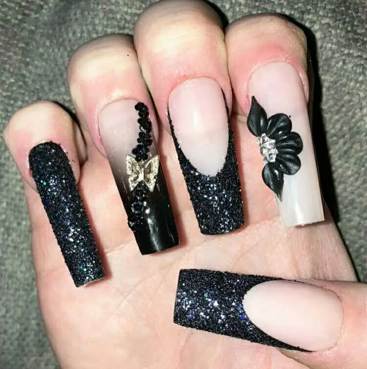 black french tip nails with rhinestones 030 50fbbee7d6