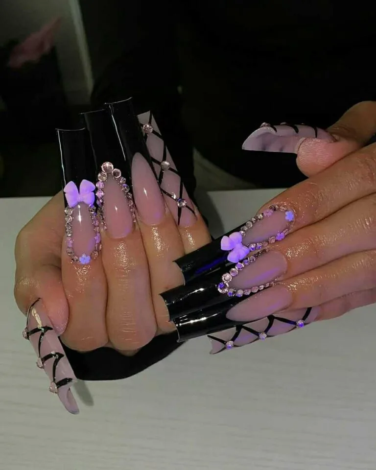 black french tip nails with rhinestones 032 1a7970609a