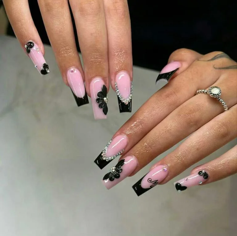 black french tip nails with rhinestones 033 d596c4c41d