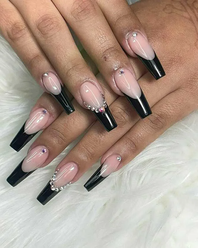 black french tip nails with rhinestones 035 fcf67c62db
