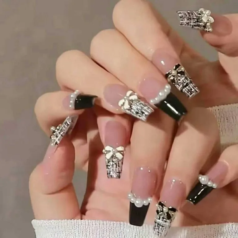 black french tip nails with rhinestones 037 6638d46eee