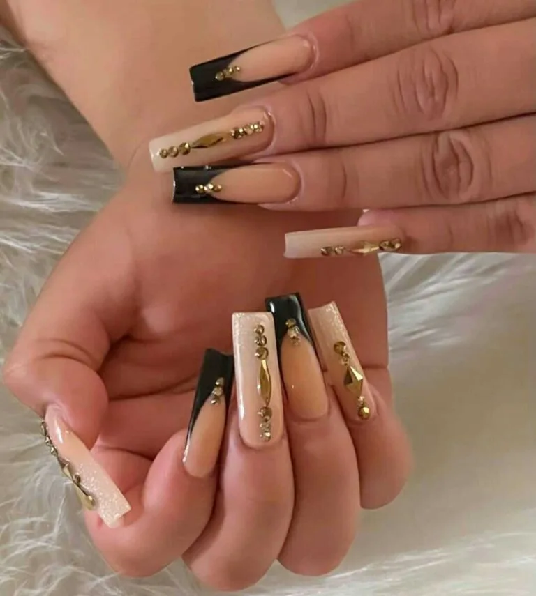 black french tip nails with rhinestones 039 084427fe7f