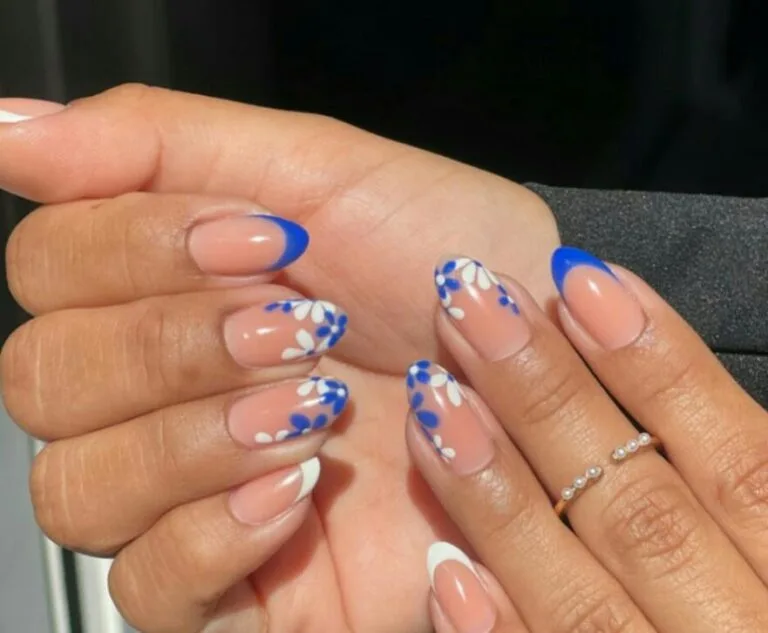 blue french tip nails with flowers 003 4533311640