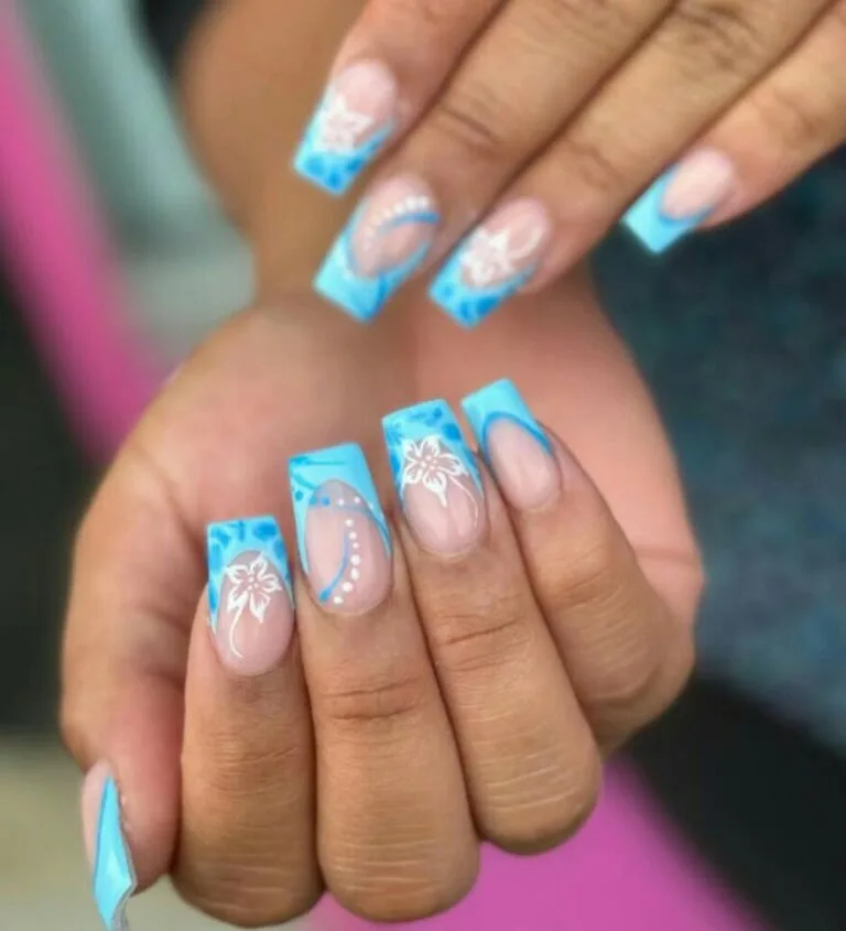 blue french tip nails with flowers 005 292711d7bc