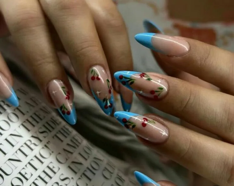 blue french tip nails with flowers 007 16991d1738