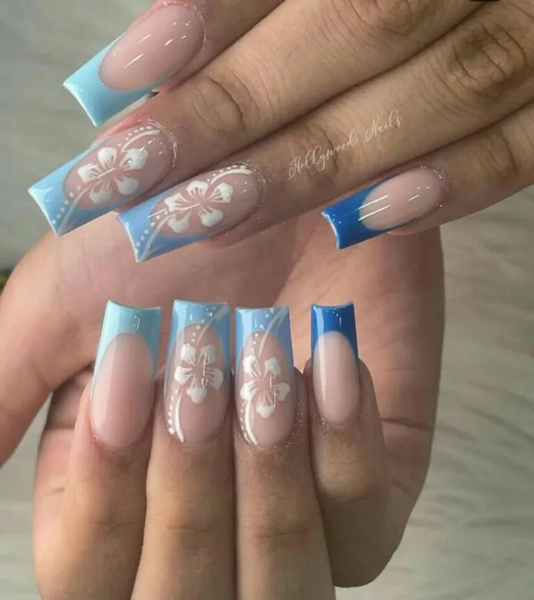 blue french tip nails with flowers 013 e4c1b6ac08