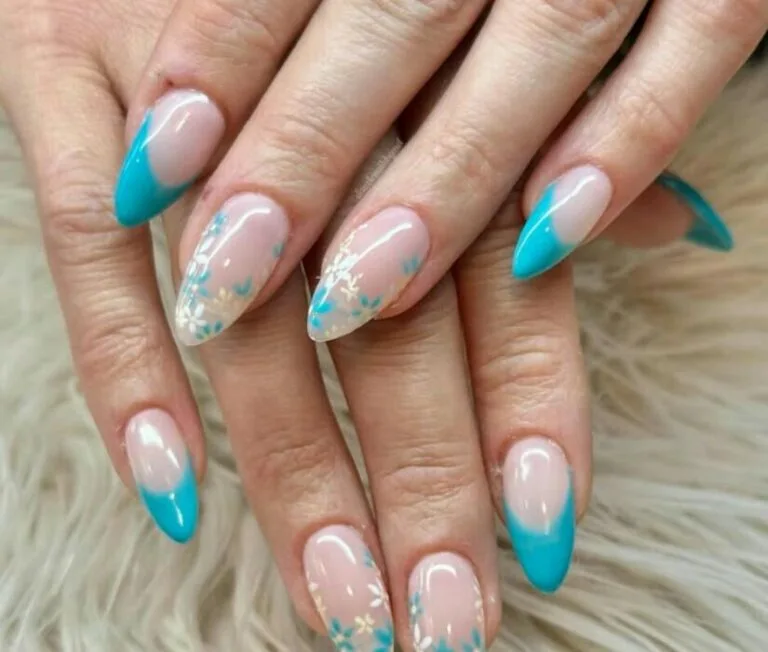 blue french tip nails with flowers 017 ee6c008178