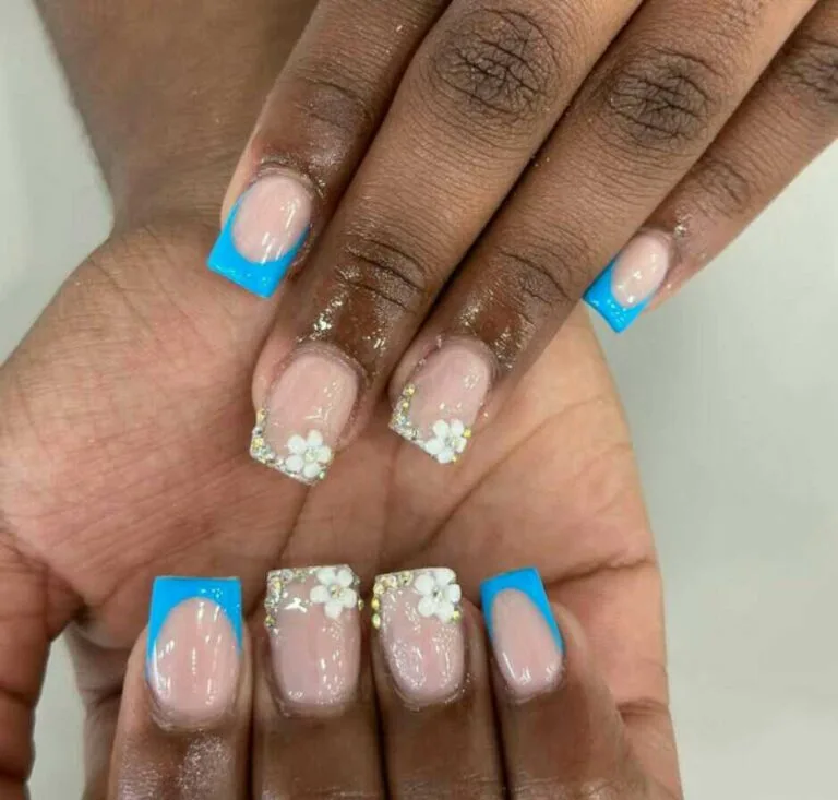 blue french tip nails with flowers 021 89869e3ba9