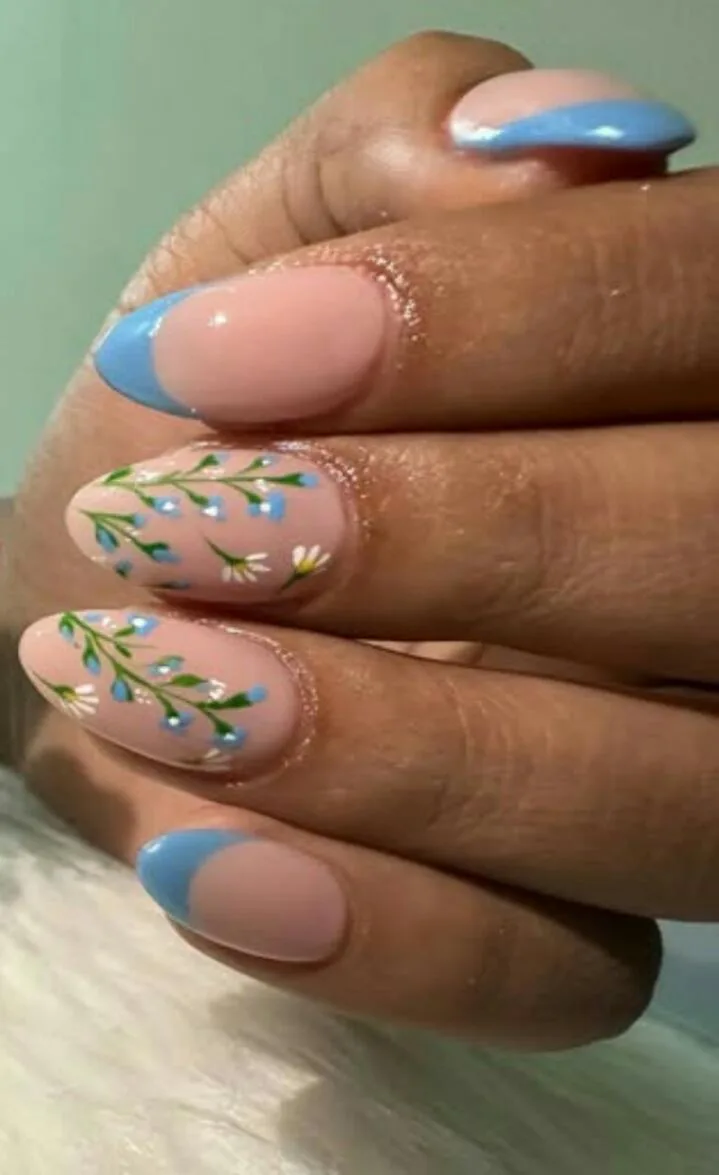 blue french tip nails with flowers 028 700807d7f1