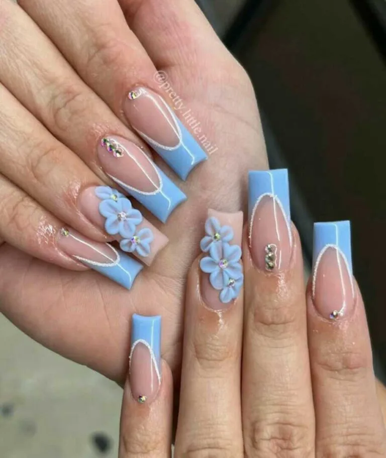 blue french tip nails with flowers 029 26bac176f4